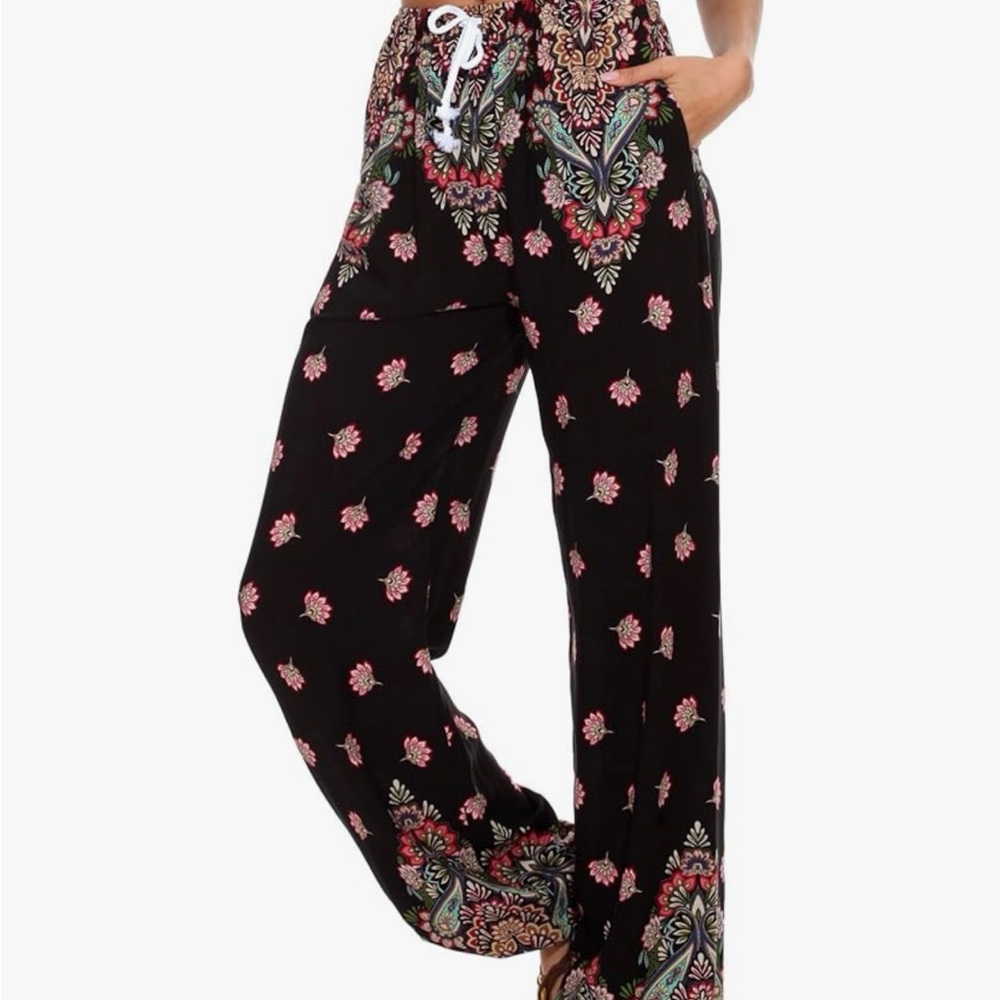 Urban Coco Black Indian Boho Pants Floral Design